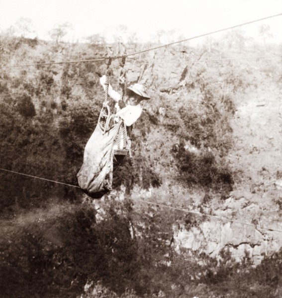 Lady Lawley crosses the Zambezi gorge. Lady Annie Lawley, the wife of Sir Arthur Lawley,