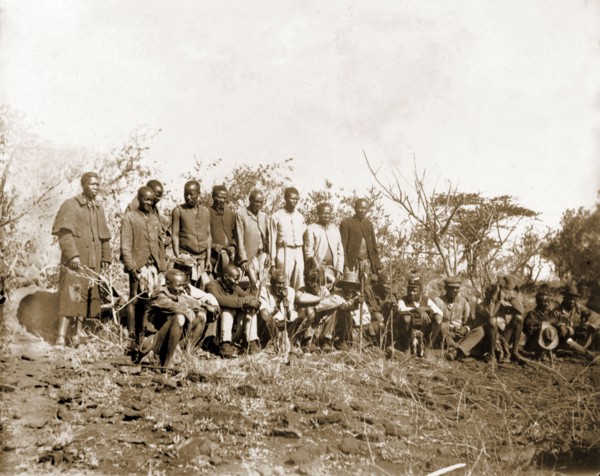 Matabele at an indaba with Cecil Rhodes. A group of Matabele (Ndebele) indunas (chiefs) are
