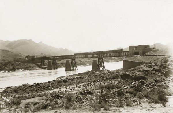 Bridge over the Indus River at Attock. A train travels on a railway bridge across the Indus River.