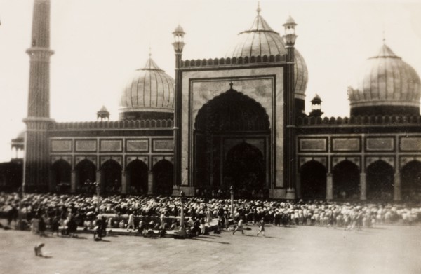 Friday prayers at the Jama Masjid, Delhi. A congregation of Muslim men gather outside Jama Masjid