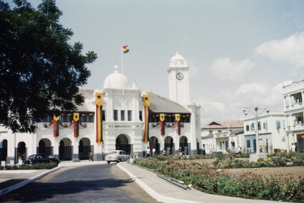 Third anniversary of Ghanaian independence. The General Post Office in Accra, decorated with