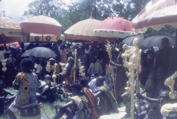 Linguists' staffs at the Ngmayem festival. Several 'okyeames' (linguists) sit beneath ceremonial