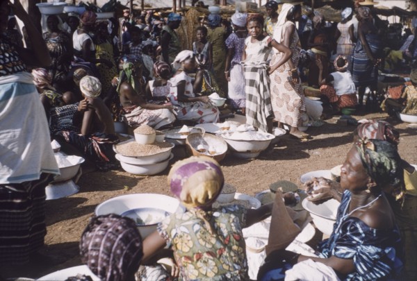 Market in Tamale, Ghana. Women sell rice and other foodstuffs at an outdoor market in Tamale.