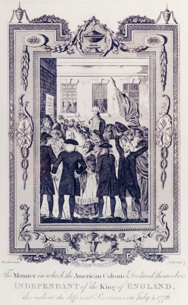 Celebrating the Declaration of American Independence. An illustration depicts a mounted messenger