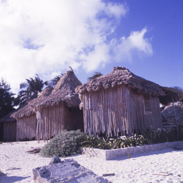 Beach huts at San Pedro, Belize. Four square, bamboo beach huts with thatched roofs stand in a row