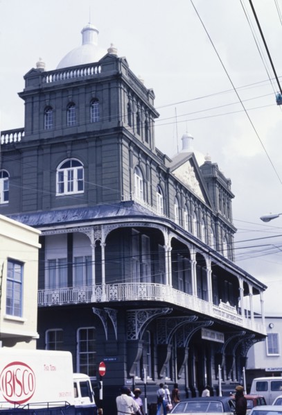 The Barclay's Bank in Barbados. The facade of the colonial-style Barclay's Bank building in