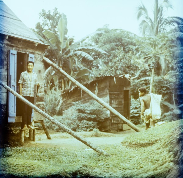 Rural housing in Dominica. A Dominican man stands in the doorway of a wooden house on stilts as a