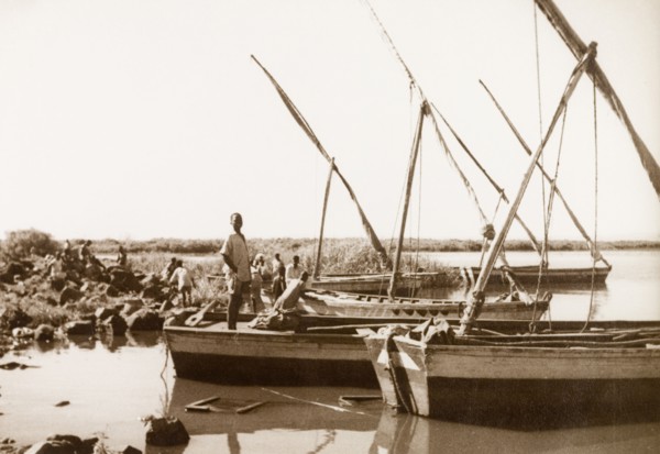Sailboats moored in shallow water. A man stands at the stern of one of several small sailboats,