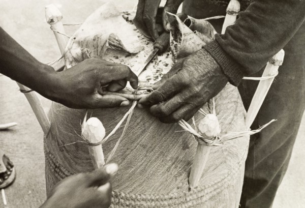 Securing the head of an atumpan drum. Two craftsmen secure the head of an atumpan drum by fastening