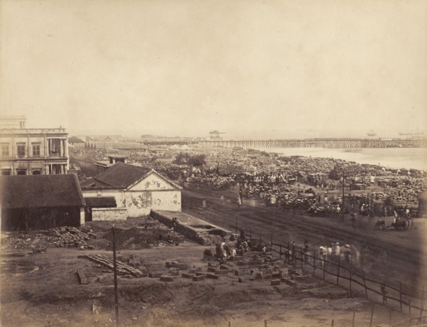 Relief effort during the Madras famine. Thousands of sacks containing grain wait to be loaded onto