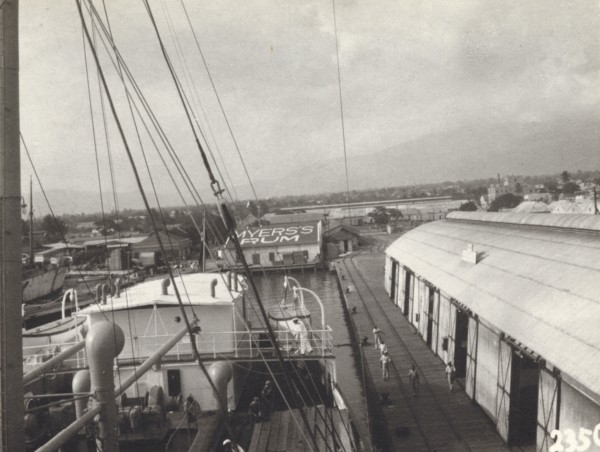 Kingston Harbour, Jamaica. View over the docks at Kingston Harbour, showing the roof of a 'Myer's