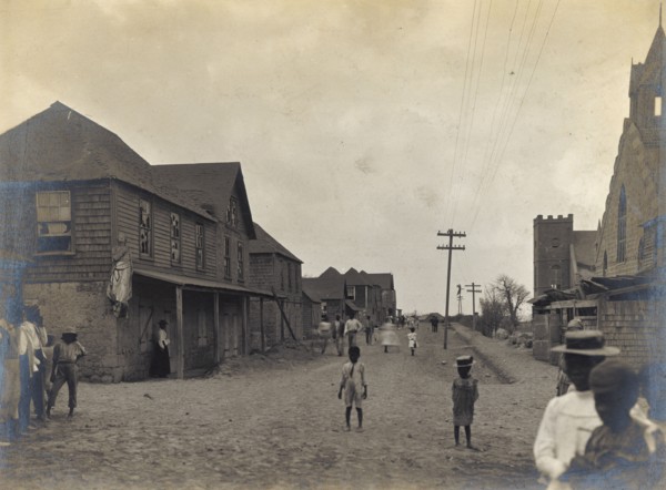Georgetown after the eruption of Soufriere. A street in Georgetown is covered with a layer of