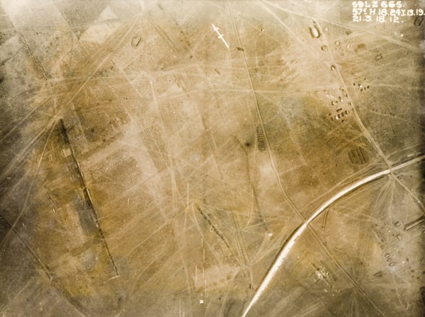 Aerial view of a military balloon camp. One of a series of British aerial reconnaissance