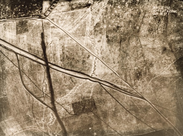 Aerial view of a battlefield under snow. One of a series of British aerial reconnaissance