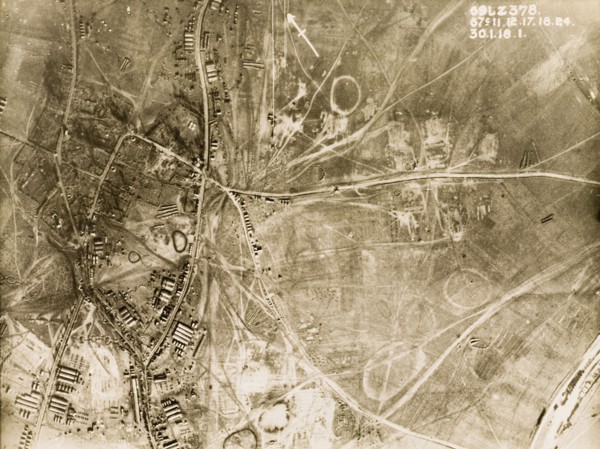 British military camp in a ruined village. One of a series of British aerial reconnaissance