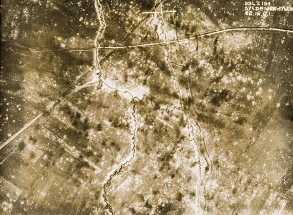 Aerial view of a bomb-damaged landscape. One of a series of British aerial reconnaissance