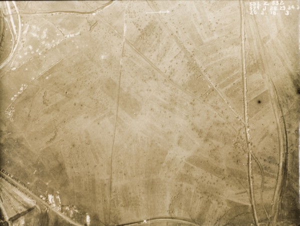 Aerial view of a bomb-damaged landscape. One of a series of British aerial reconnaissance