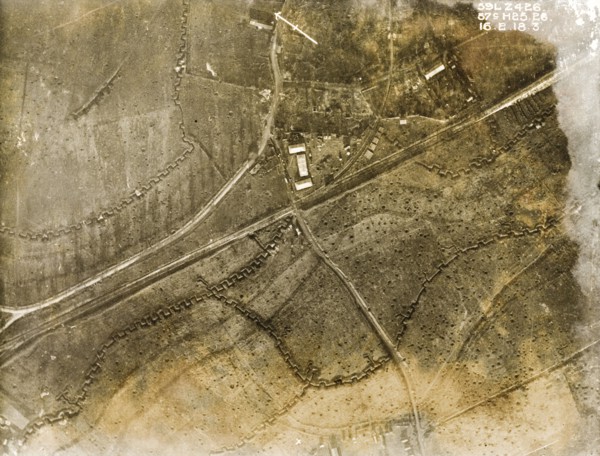 Trenches and bomb damage on the Western Front. One of a series of British aerial reconnaissance