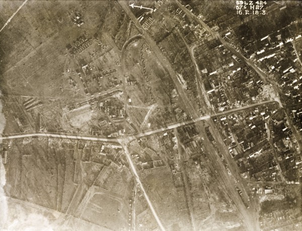 Aerial view of a bomb-damaged village. One of a series of British aerial reconnaissance photographs