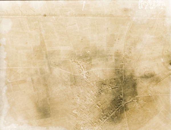 Aerial view of a bomb-damaged landscape. One of a series of British aerial reconnaissance