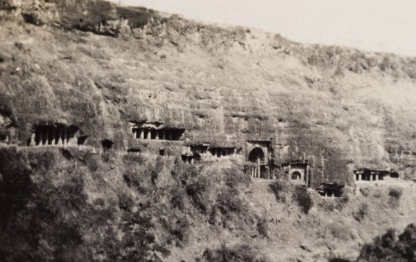 Ajanta caves. A number of pillared entrances carved into the Ajanta ravine mark the location of the