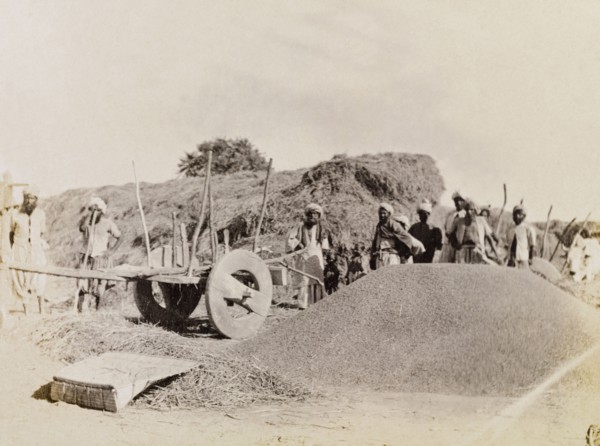 Indian farm labourers in Sukkur. Indian farm labourers pause to stare at the camera beside a large