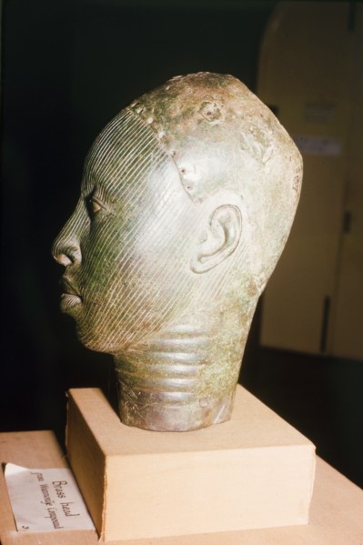Yoruba bronze sculpture. A bronze sculpture of a head, possibly a royal or religious effigy, from