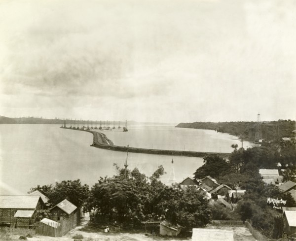 Defensive wall at the Chauk oil fields. View over the Ayeyarwady River at Chauk, showing an access