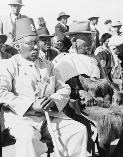 Awaiting the arrival of Princess Elizabeth. An assembly of African chiefs sit on a spectator stand