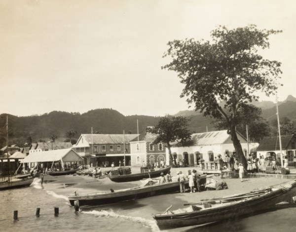 Kingstown, St Vincent. View of the seafront of the port city of Kingstown, where several long row