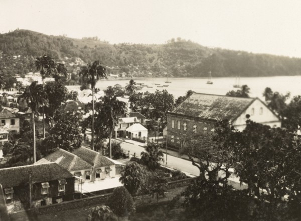 Kingstown, St Vincent. View over the port city and bay of Kingstown. Kingstown, St Vincent, circa
