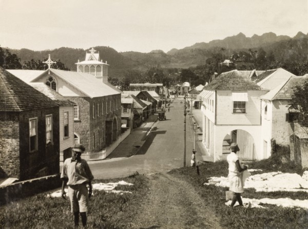 Kingstown, St Vincent. View down an colonial street in Kingstown towards the central mountain range