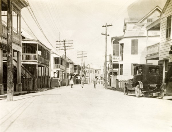 Commercial street in Belize. View down a wide commercial street in Belize City, which is flanked by