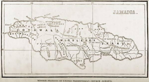 Map of mission stations in Jamaica, 1850. A woodcut illustration taken from Reverend George