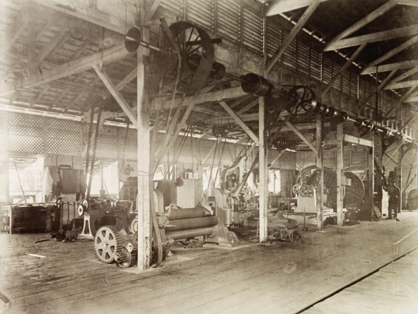 Locomotive Department's machine shop, Trinidad. The interior of a machine shop belonging to
