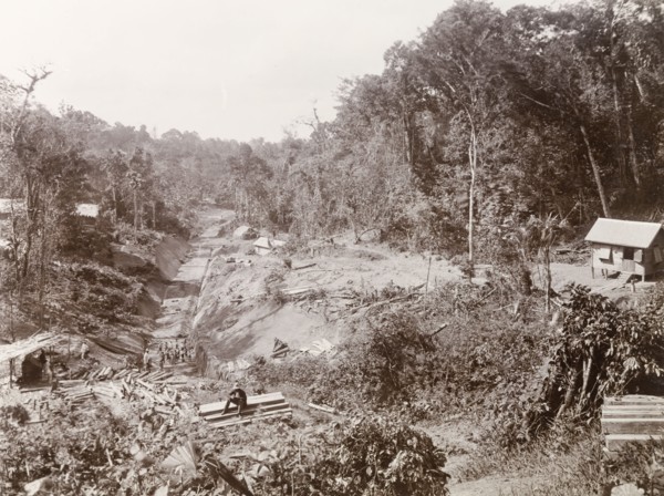 Railway track under construction in Caparo Valley. View over the construction of railway track 'No.