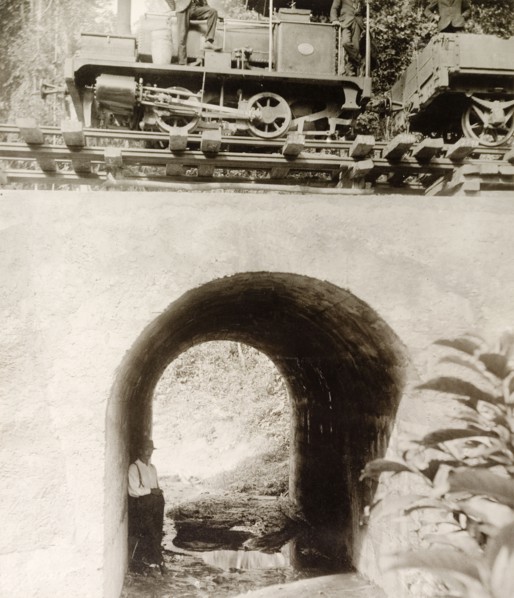 Locomotive travelling across culvert 'No. 35' . A steam locomotive travels across culvert 'No. 35'