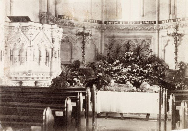 Harvest Festival, Calcutta. The alter of a church laid out with fruit and vegetables for the