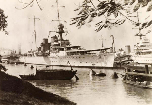 HMS Exeter in Calcutta docks. View of Royal Navy cruiser HMS Exeter moored in the docks at Calcutta