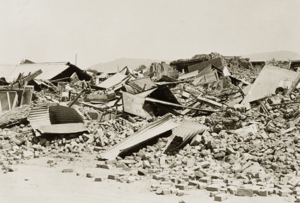 Buildings destroyed by an earthquake, Quetta. Buildings are reduced to rubble after an earthquake