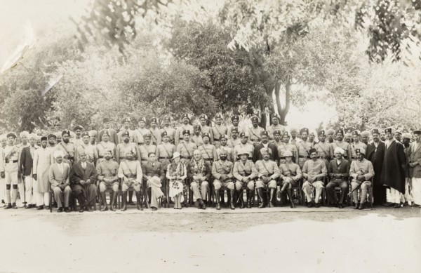 Indian police force. Group portrait of a line up of Indian and British police officers. The Chief