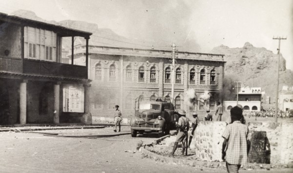 Arab riots in Aden, 1947. Smoke fills the air in the Jewish quarter of Aden, during Arab riots that