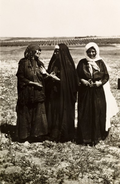 Palestinian bedouin women. Portrait of three Palestinian bedouin women standing in open