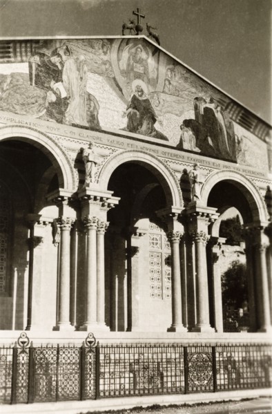 facade of the Church of All Nations. View of the muraled facade of the Church of All Nations, a