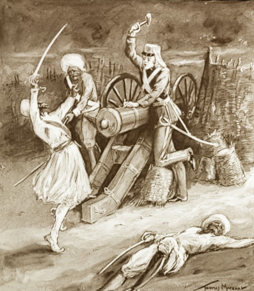 Private Cancy and the sepoy'. An illustration depicts a battle scene from the Indian Mutiny and