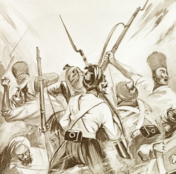 Sepoys battling Sikh soldiers, 1857. An illustration depicts a violent battle between mutinous
