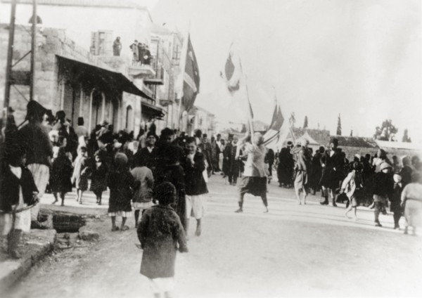 Nebi Musa procession in Ramallah. Muslim pilgrims bearing flags take part in a Nebi Musa