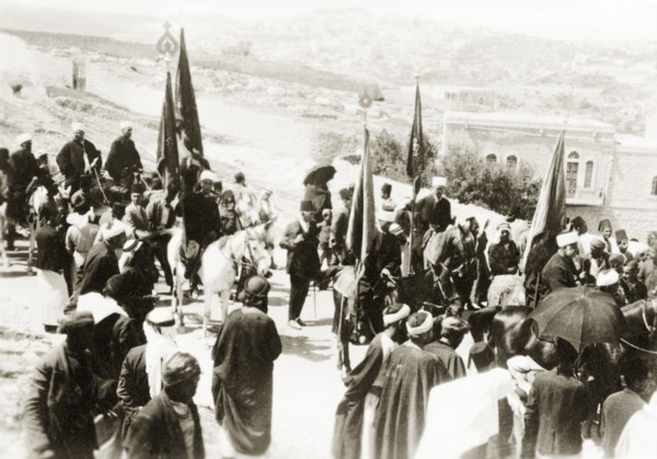 Nebi Musa procession in Ramallah. Muslim pilgrims bearing flags take part in a Nebi Musa