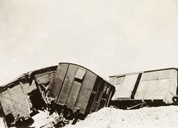 Derailment on the Kantara line. Railway carriages lay in a tangled heap on the Kantara line,