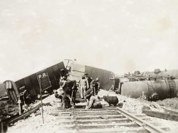 Repairing the Kantara line after a derailment. Labourers attempt to repair a stretch of the Kantara